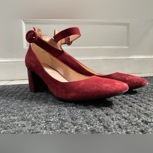 Karl Lagerfeld red suede leather crystal heel pumps ankle strap 11M - Picture 5 of 6